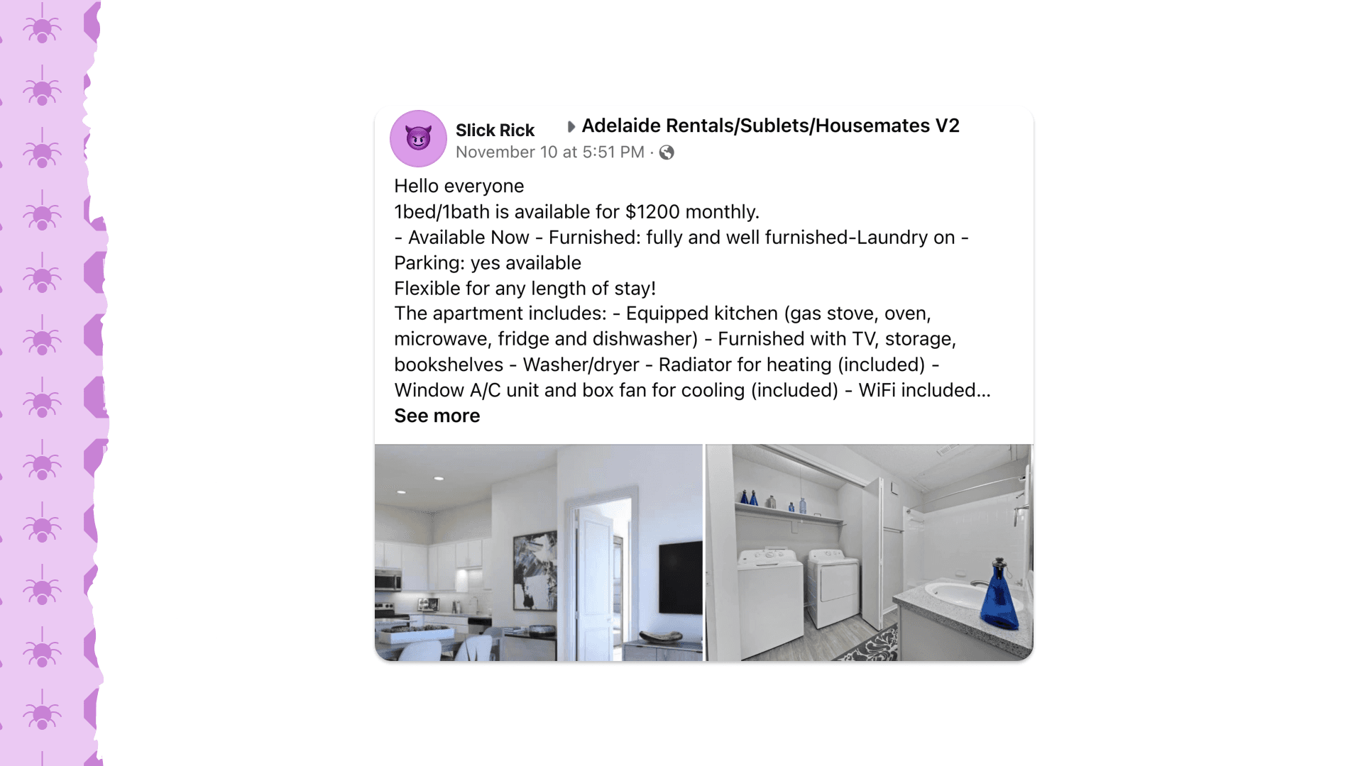 Facebook Scam Post Showing a Fake Rental Listing