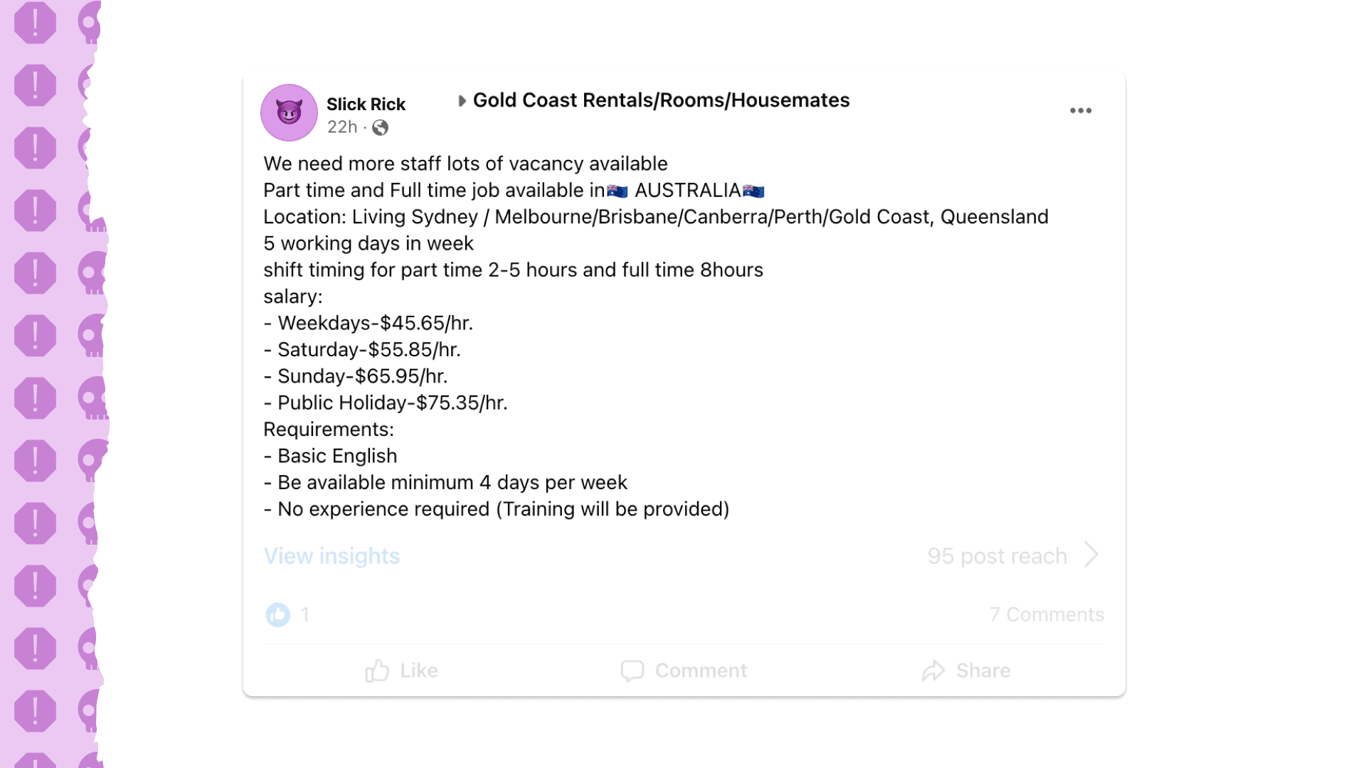 Facebook Scam Post Showing a Local Jobs Scam