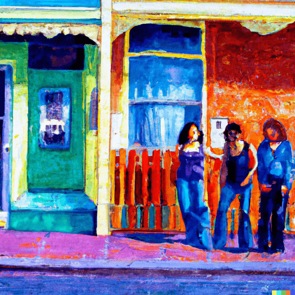 Finding compatible housemates, oil painting of housemates outside victorian style cottage