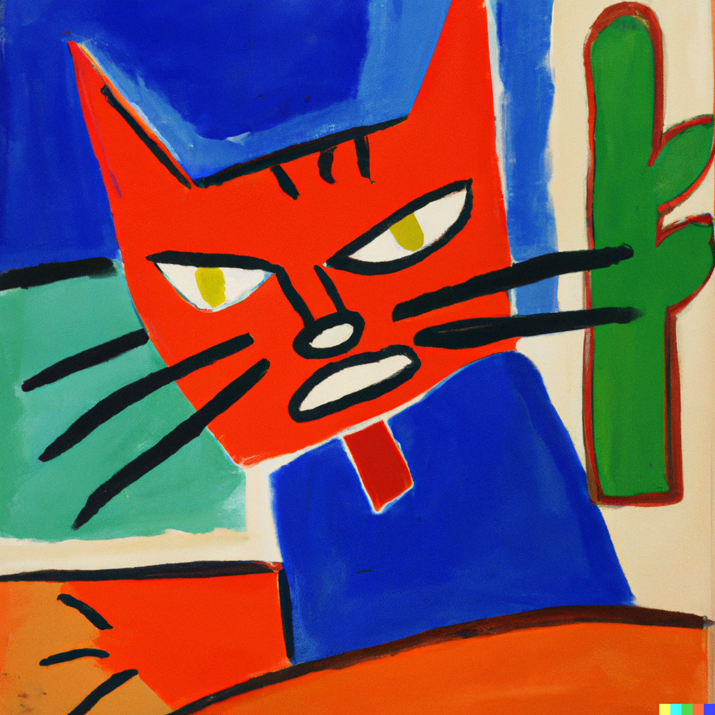 Dealing with difficult housemates, Matisse style oil painting of an angry cat