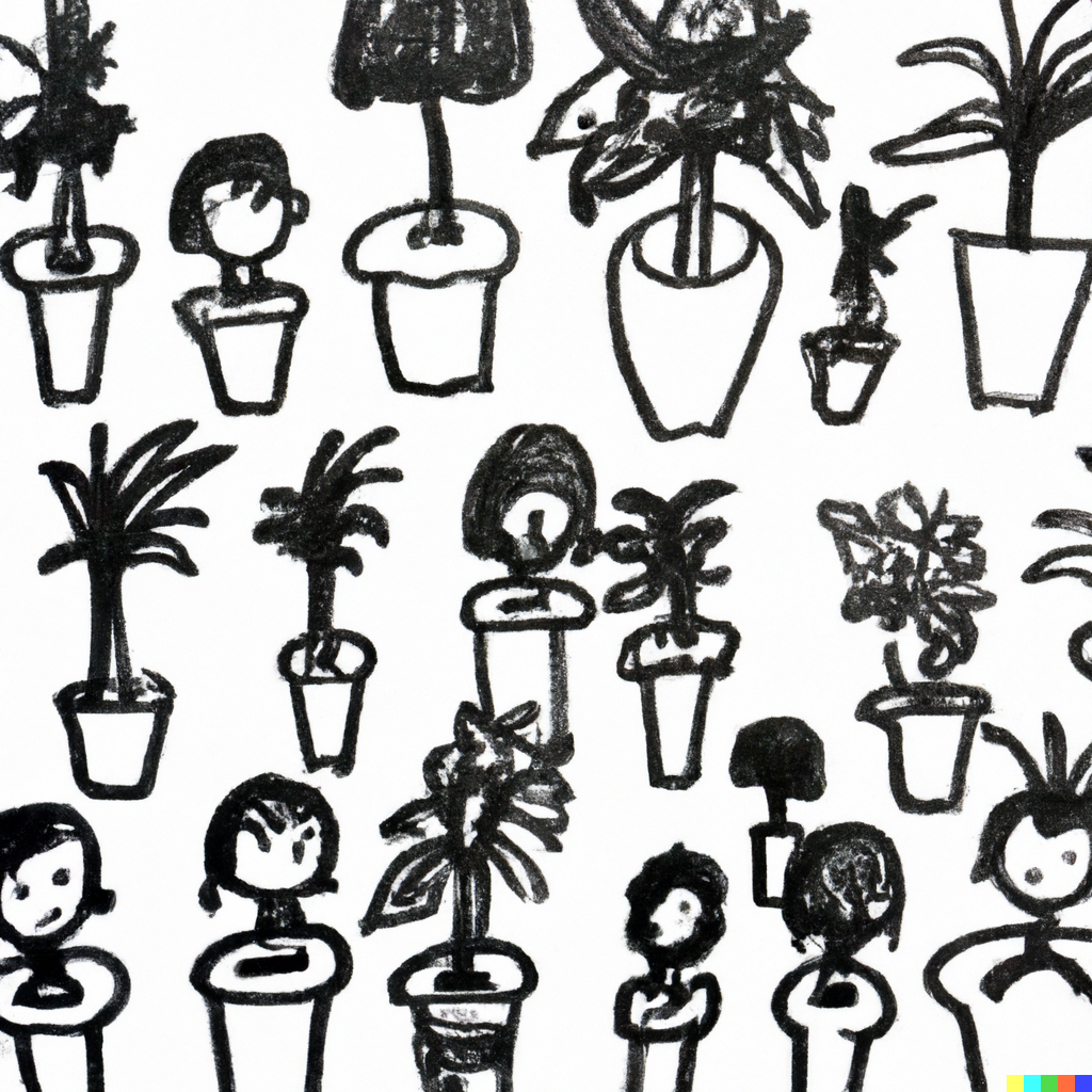 Settling in, hand drawn illustration of pot plants